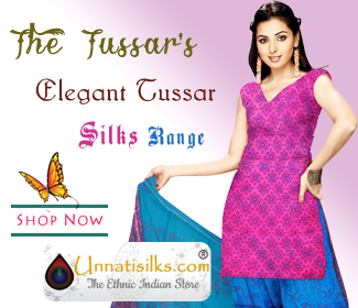 Embroidery designs enrich the tusser silk. Kantha embroidery is famous on this gold sheen fabric.